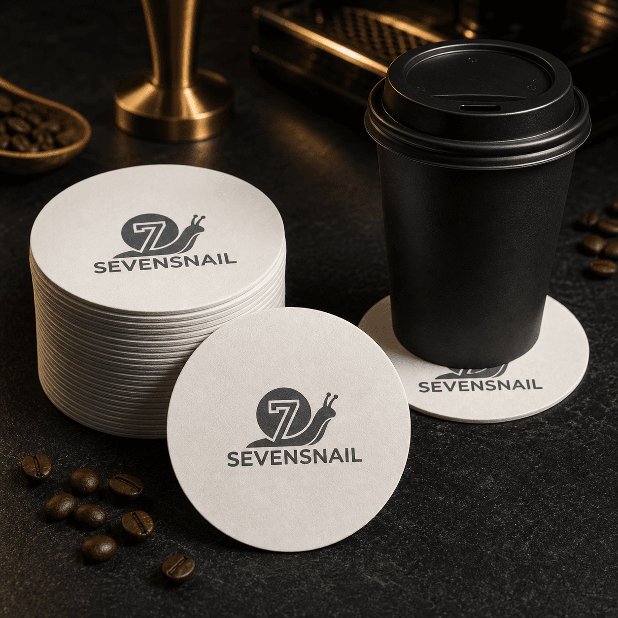 Sevensnail branded coffee coasters and takeaway cup on a cafe counter