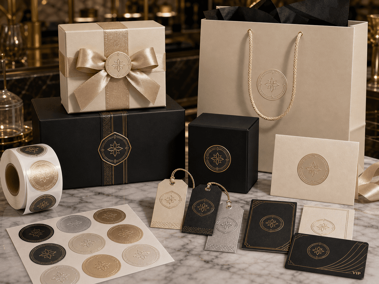 Sevensnail boutique gift box label suite with seals, tags, cards and shopping bag labels
